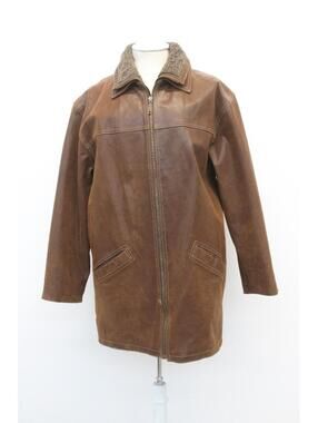 mint brown leather jacket coat man men size 40 small/medium w/ fake fur collar